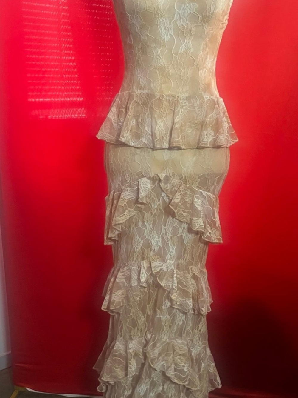 Women's Beige Lace Peplum Ruffle Maxi Dress